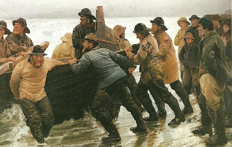 fiskere trekker vod ved skagen, Michael Ancher